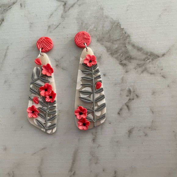 White & Coral Florals Asymmetrical Dangles