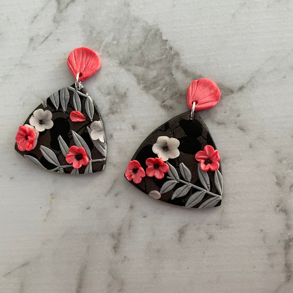 Black & Coral Florals Triangle Dangles