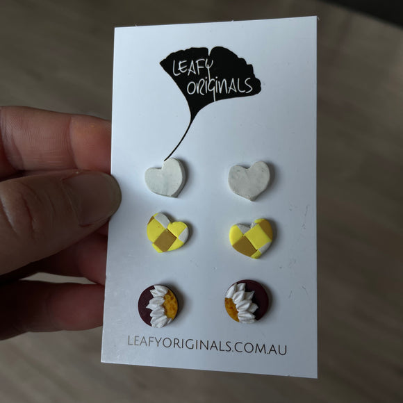 Checked Yellow and White Heart and Flower Stud Pack